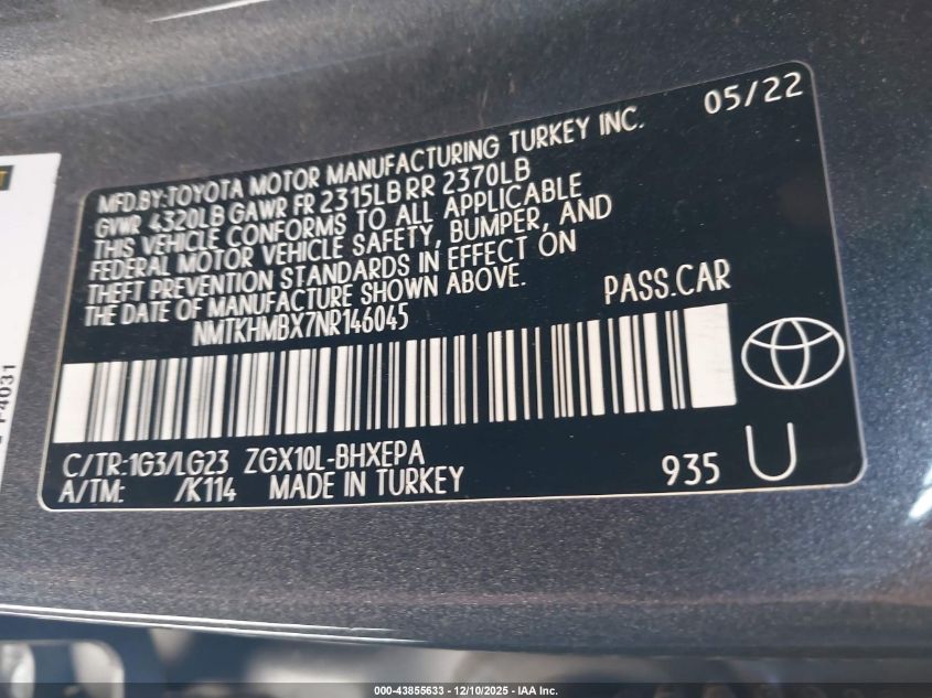 2022 Toyota C-Hr Limited VIN: NMTKHMBX7NR146045 Lot: 43855633