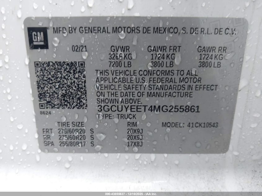 2021 Chevrolet Silverado 1500 4Wd Short Bed Rst VIN: 3GCUYEET4MG255861 Lot: 43855637
