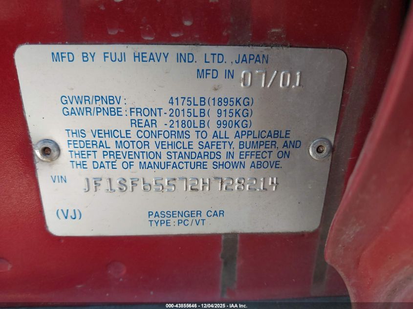 2002 Subaru Forester S VIN: JF1SF65572H728214 Lot: 43855646