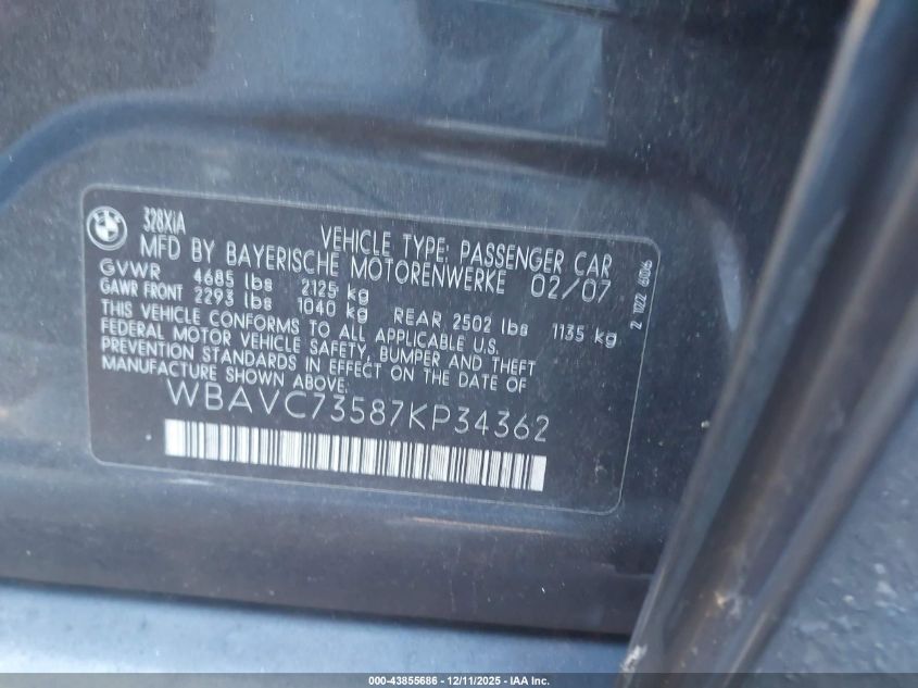 2007 BMW 328Xi VIN: WBAVC73587KP34362 Lot: 43855686