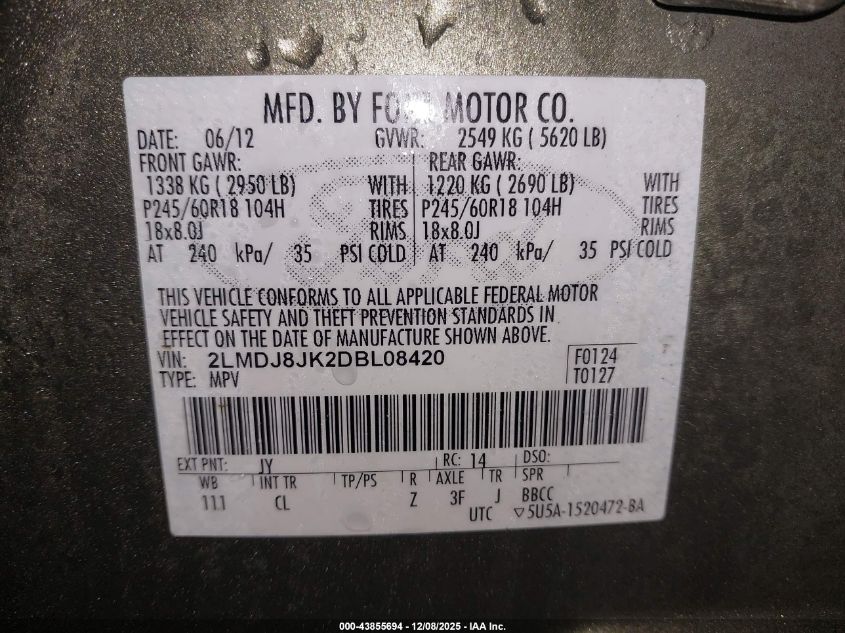 2013 Lincoln Mkx VIN: 2LMDJ8JK2DBL08420 Lot: 43855694