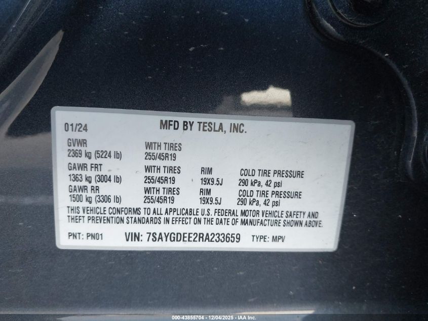 2024 Tesla Model Y Long Range Dual Motor All-Wheel Drive VIN: 7SAYGDEE2RA233659 Lot: 43855704