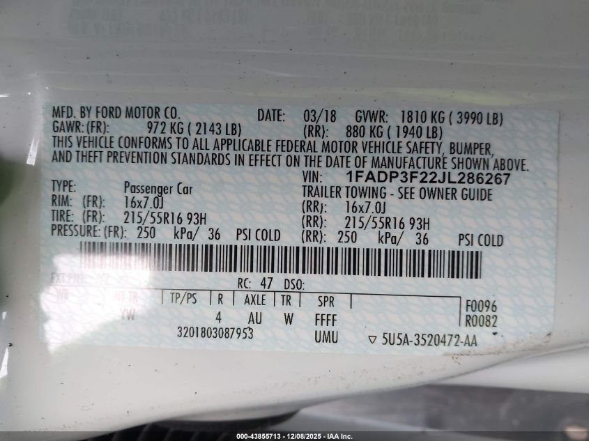 2018 Ford Focus Se VIN: 1FADP3F22JL286267 Lot: 43855713