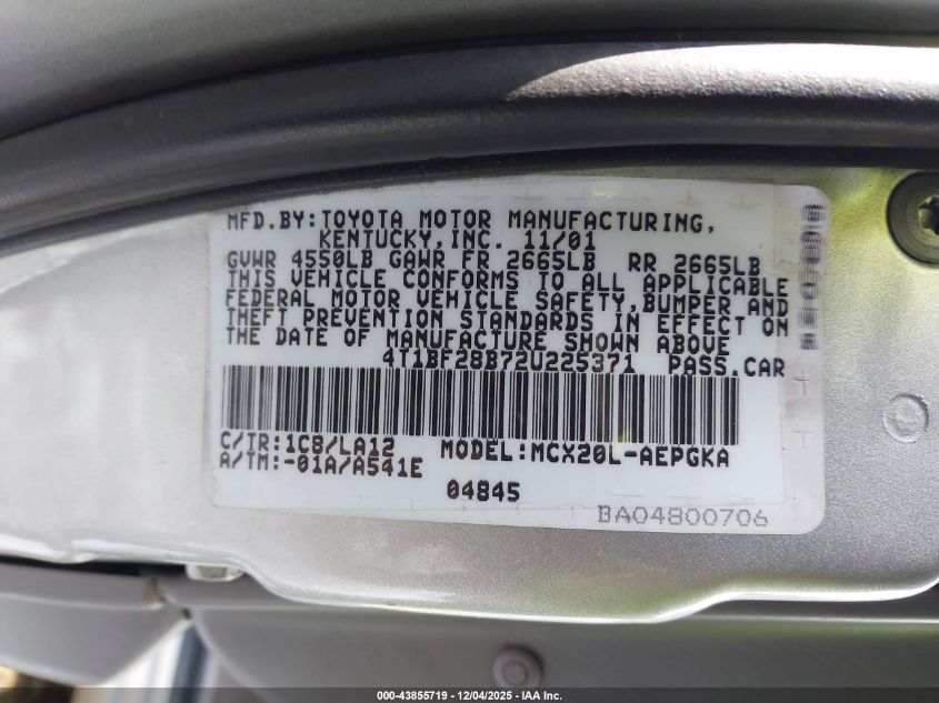 2002 Toyota Avalon Xls VIN: 4T1BF28B72U225371 Lot: 43855719