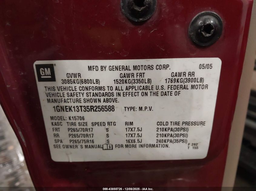 2005 Chevrolet Tahoe Z71 VIN: 1GNEK13T35R256588 Lot: 43855726