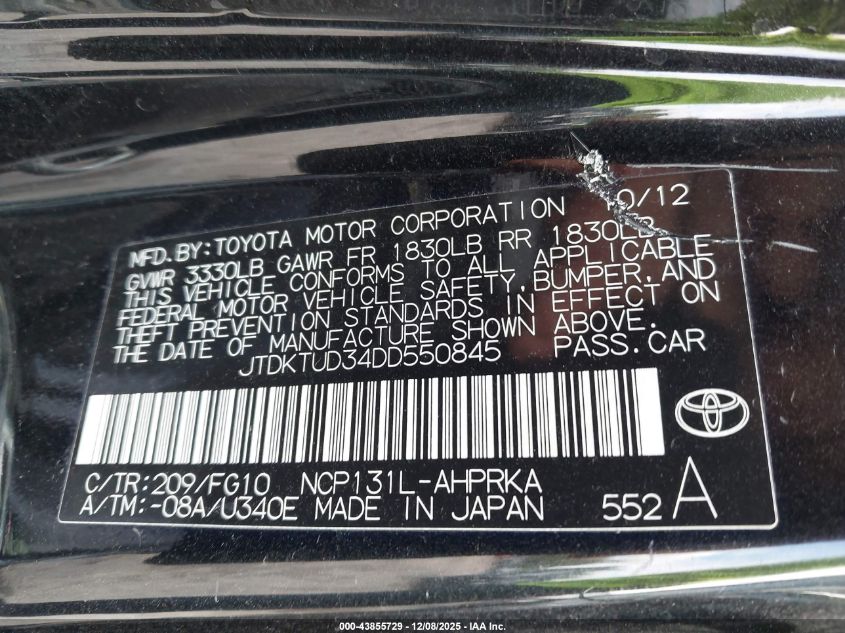 2013 Toyota Yaris Le VIN: JTDKTUD34DD550845 Lot: 43996803