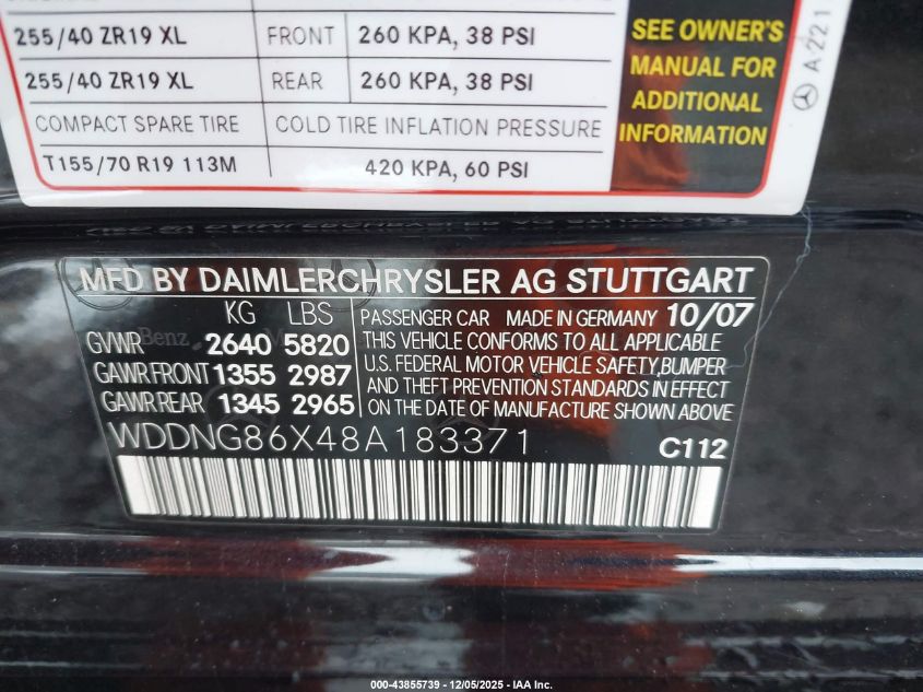 2008 Mercedes-Benz S 550 4Matic VIN: WDDNG86X48A183371 Lot: 43855739