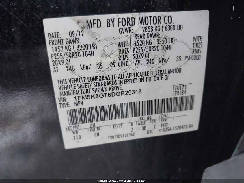 2013 Ford Explorer Sport VIN: 1FM5K8GT6DGB29318 Lot: 43855742