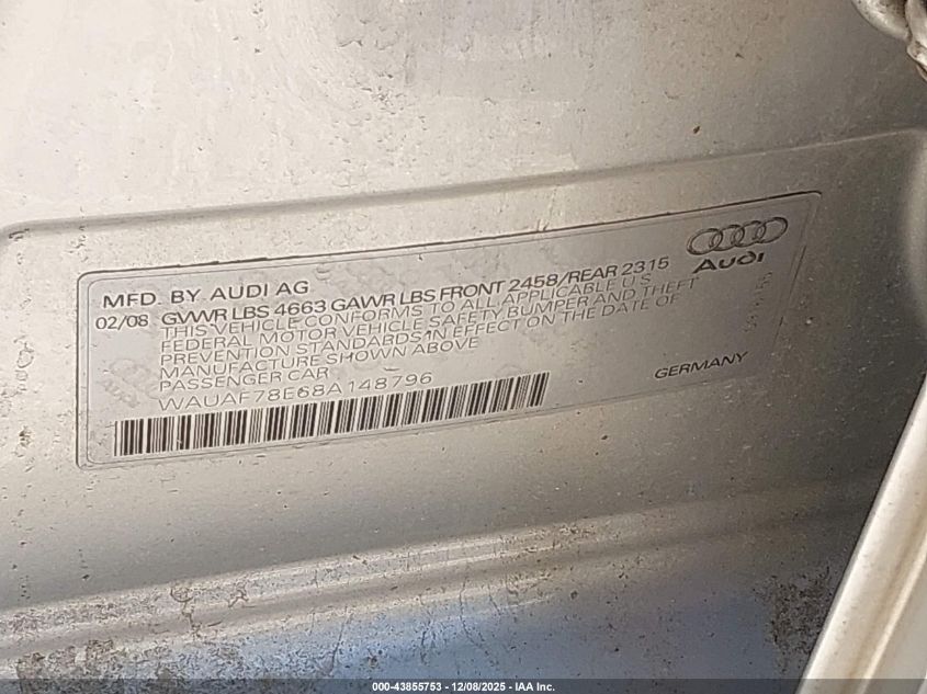 2008 Audi A4 2.0T/2.0T Special Edition VIN: WAUAF78E68A148796 Lot: 43855753