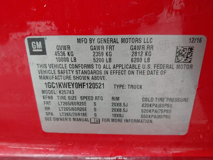 2017 Chevrolet Silverado 2500Hd Ltz VIN: 1GC1KWEY0HF120521 Lot: 43855757