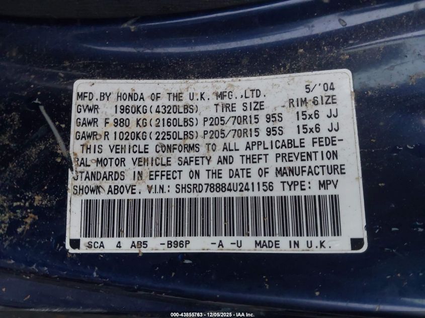 2004 Honda Cr-V Ex VIN: SHSRD78884U241156 Lot: 43855763