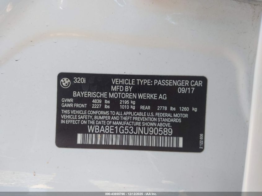 2018 BMW 320I VIN: WBA8E1G53JNU90589 Lot: 43855766