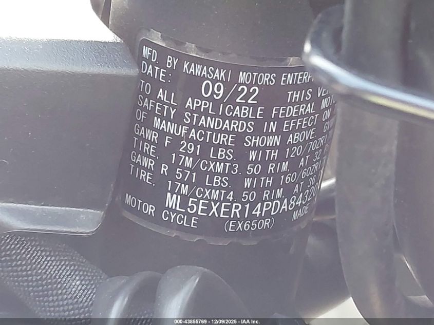 2023 Kawasaki Ex650 R VIN: ML5EXER14PDA84320 Lot: 43855769
