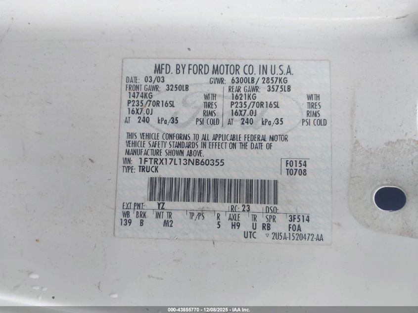 2003 Ford F-150 Lariat/Xl/Xlt VIN: 1FTRX17L13NB60355 Lot: 43855770