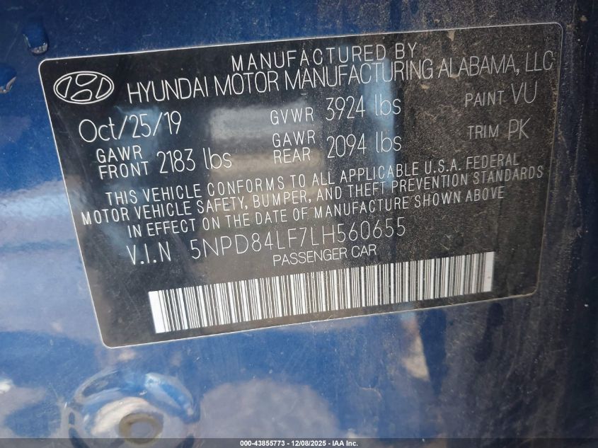 2020 Hyundai Elantra Sel VIN: 5NPD84LF7LH560655 Lot: 43855773