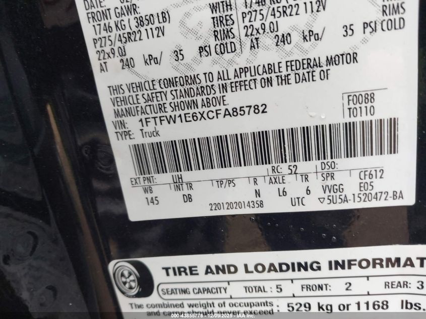 2012 Ford F-150 Harley-Davidson VIN: 1FTFW1E6XCFA85782 Lot: 43855776