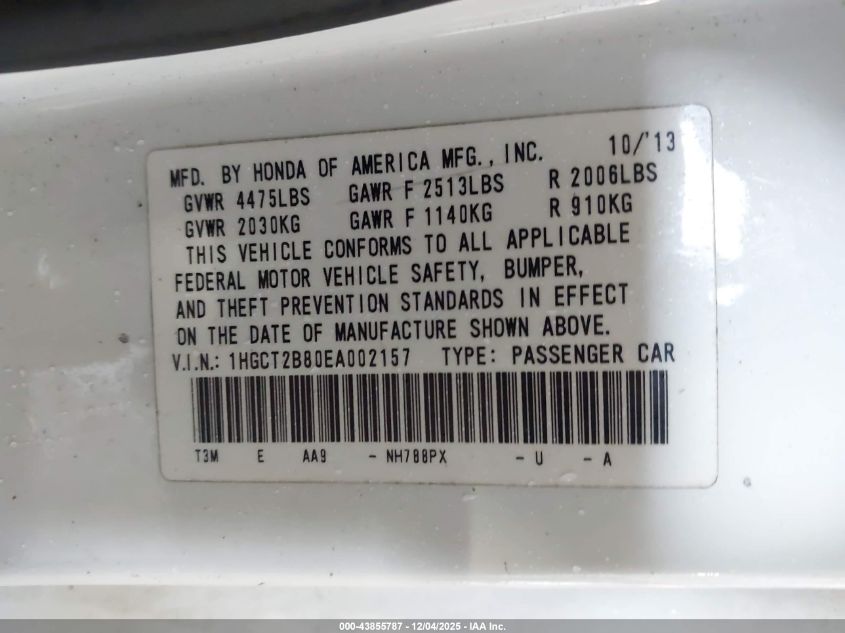 2014 Honda Accord VIN: 1HGTC2B80EA002157 Lot: 43855787