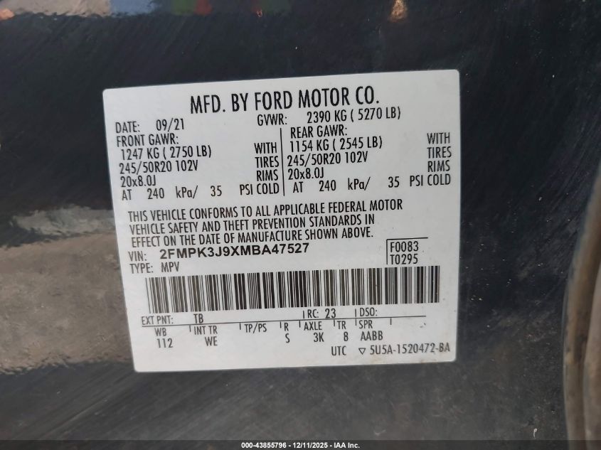 2021 Ford Edge St-Line VIN: 2FMPK3J9XMBA47527 Lot: 43855796