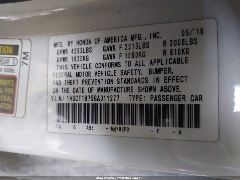 2016 Honda Accord Ex VIN: 1HGCT1B75GA011277 Lot: 43855797