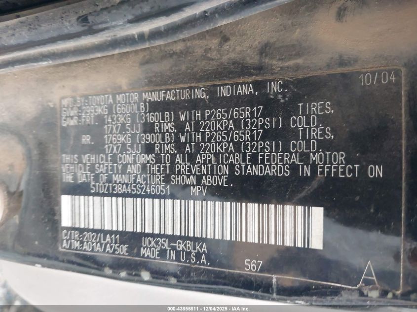 2005 Toyota Sequoia Limited V8 VIN: 5TDZT38A45S246051 Lot: 43855811