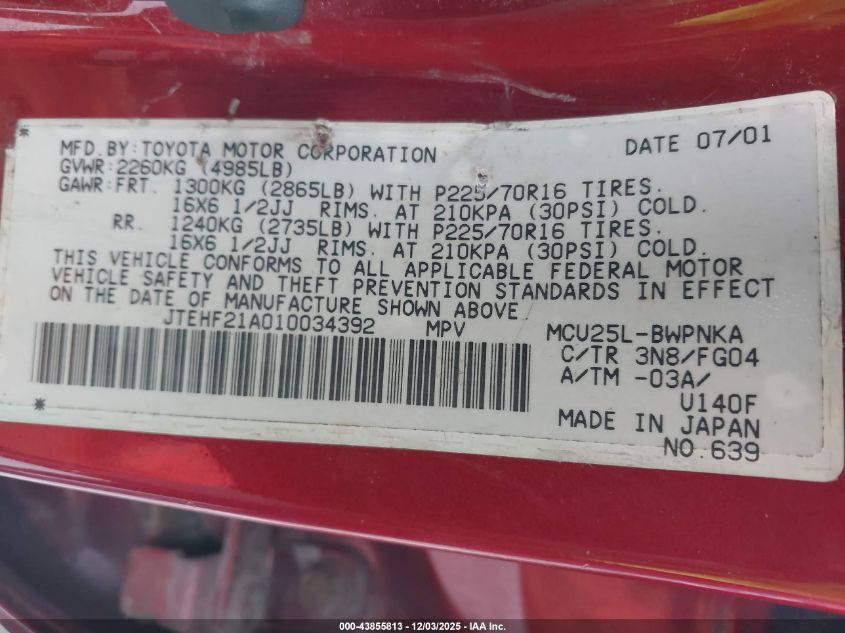 2001 Toyota Highlander V6 VIN: JTEHF21A010034392 Lot: 43855813