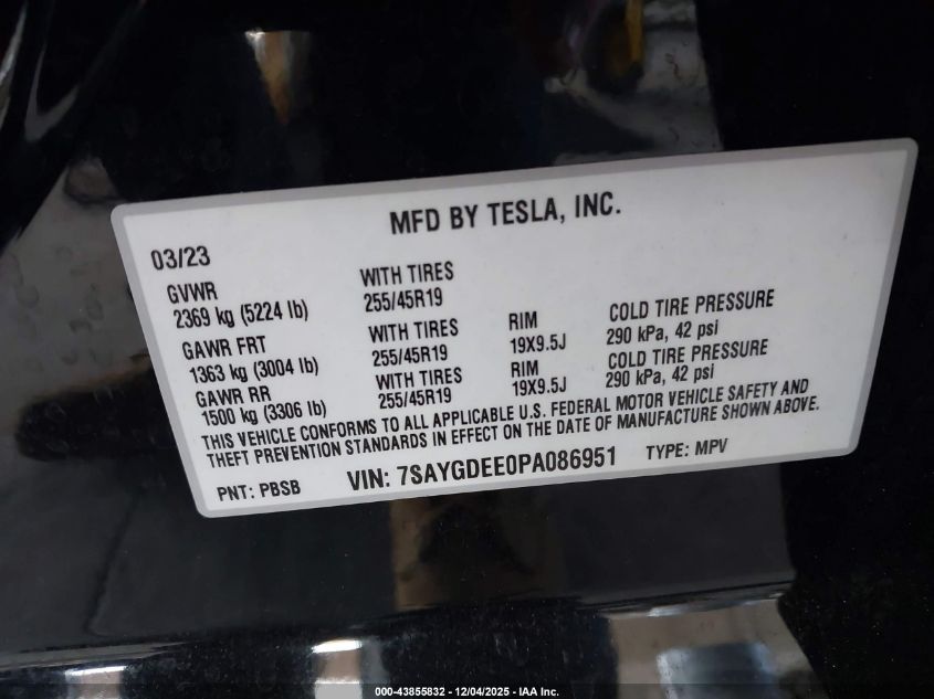 2023 Tesla Model Y Awd/Long Range Dual Motor All-Wheel Drive VIN: 7SAYGDEE0PA086951 Lot: 43855832