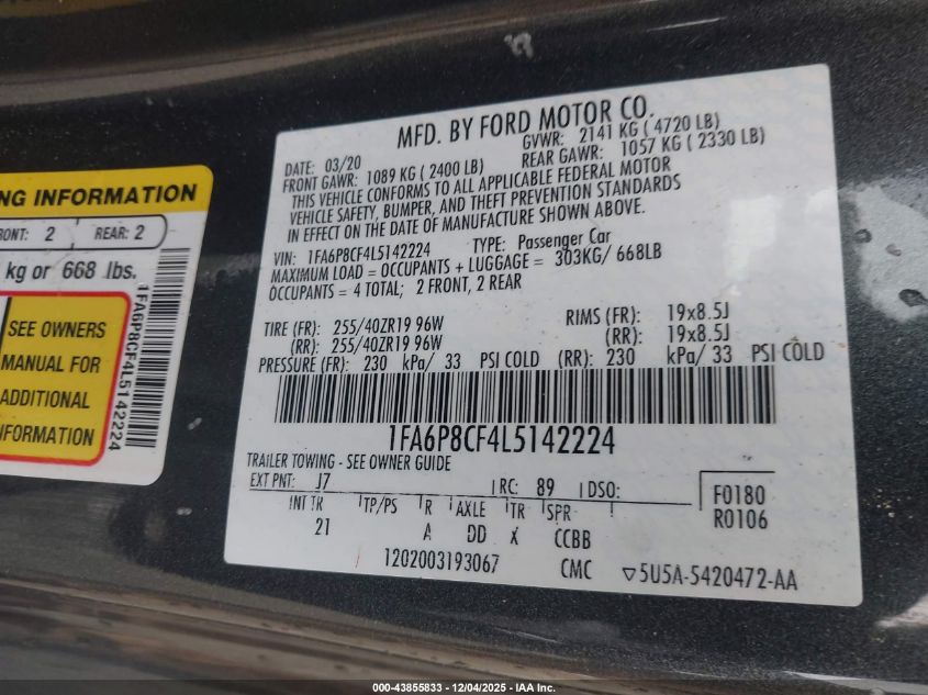 2020 Ford Mustang Gt Fastback VIN: 1FA6P8CF4L5142224 Lot: 43855833