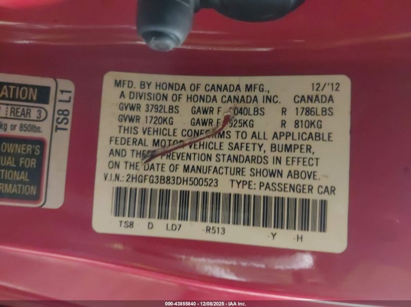 2013 Honda Civic Ex VIN: 2HGFG3B83DH500523 Lot: 43855840