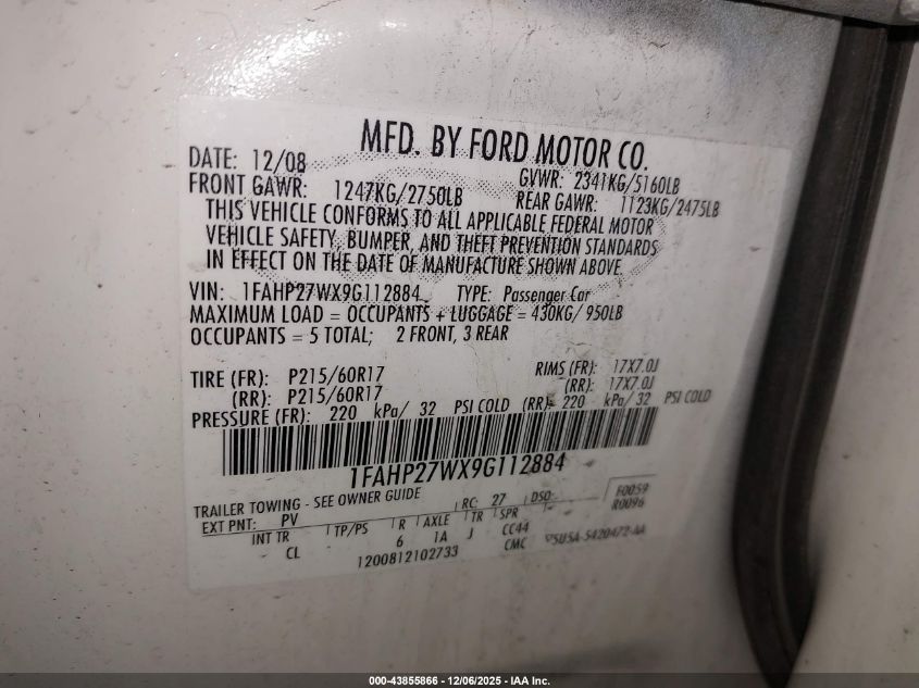 2009 Ford Taurus Sel VIN: 1FAHP27WX9G112884 Lot: 43855866