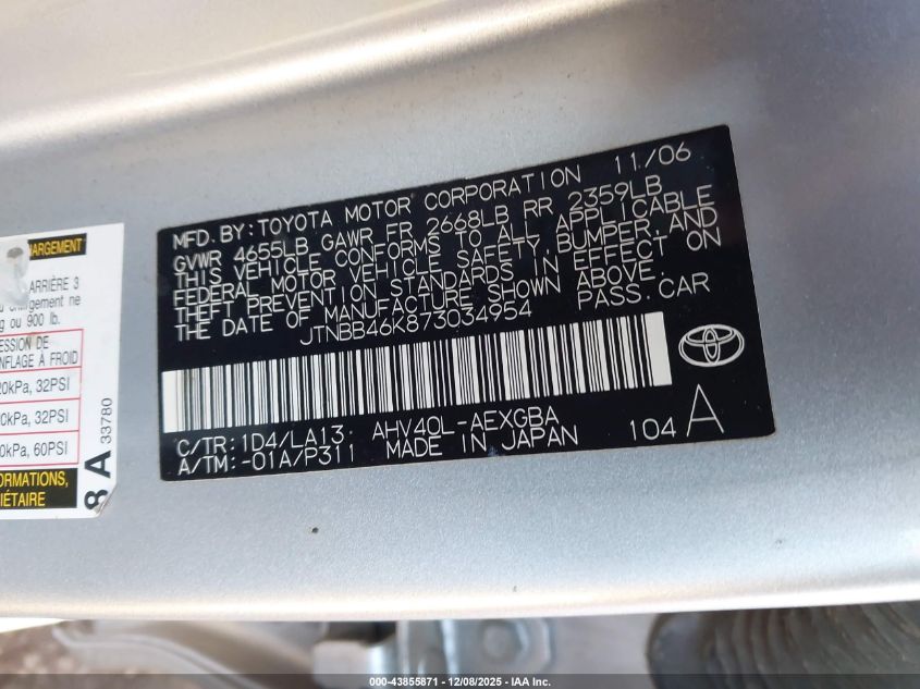 2007 Toyota Camry Hybrid VIN: JTNBB46K873034954 Lot: 43855871