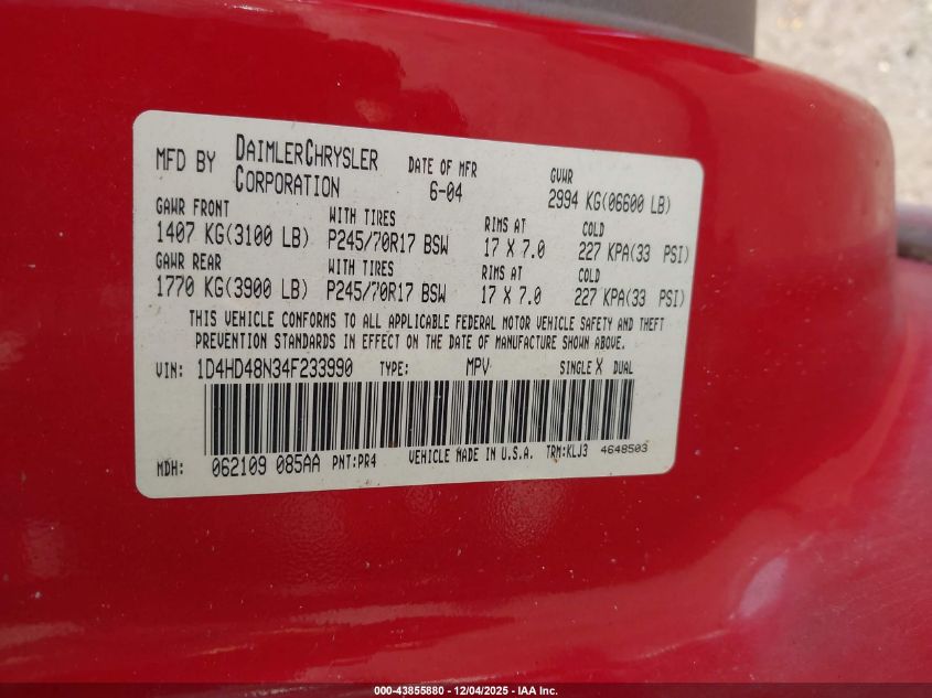 2004 Dodge Durango Slt VIN: 1D4HD48N34F233990 Lot: 43855880