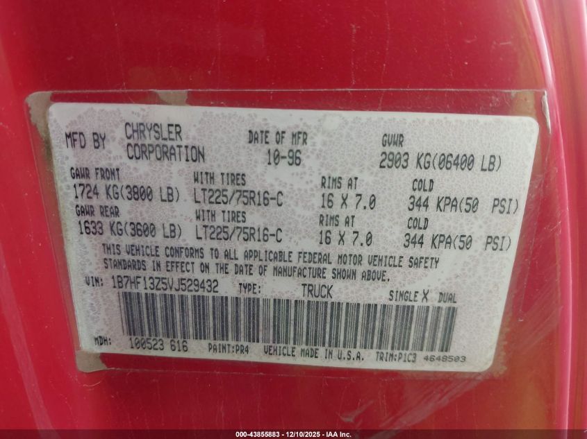1997 Dodge Ram 1500 St VIN: 1B7HF13Z5VJ529432 Lot: 43855883