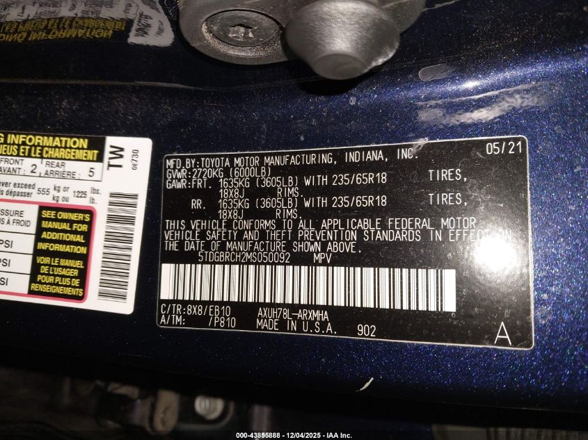 2021 Toyota Highlander Hybrid Xle VIN: 5TDGBRCH2MS050092 Lot: 43855888