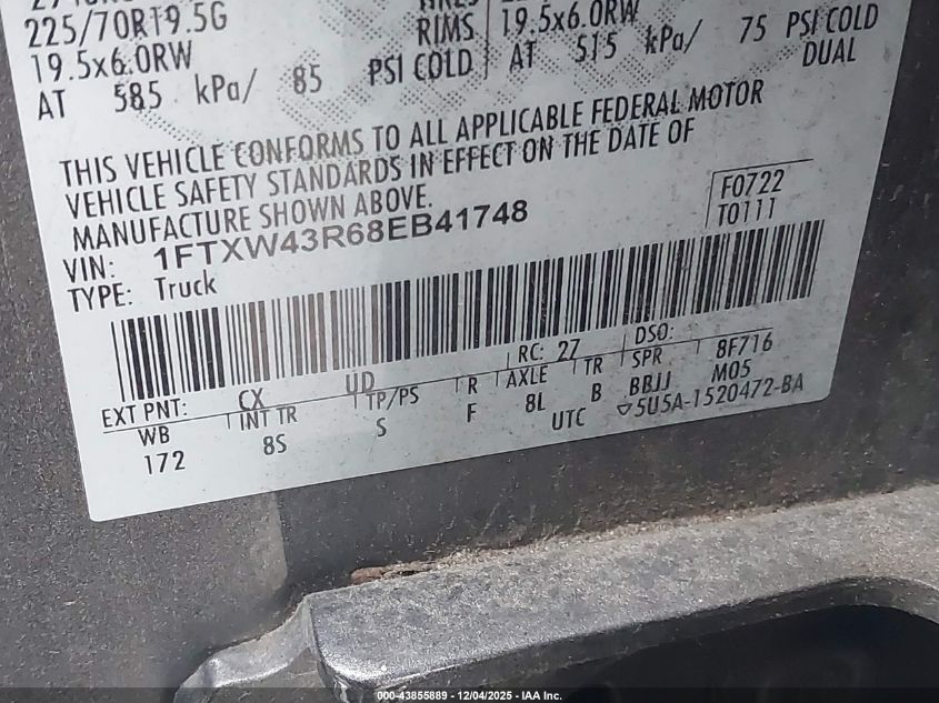 2008 Ford F-450 Lariat VIN: 1FTXW43R68EB41748 Lot: 43855889