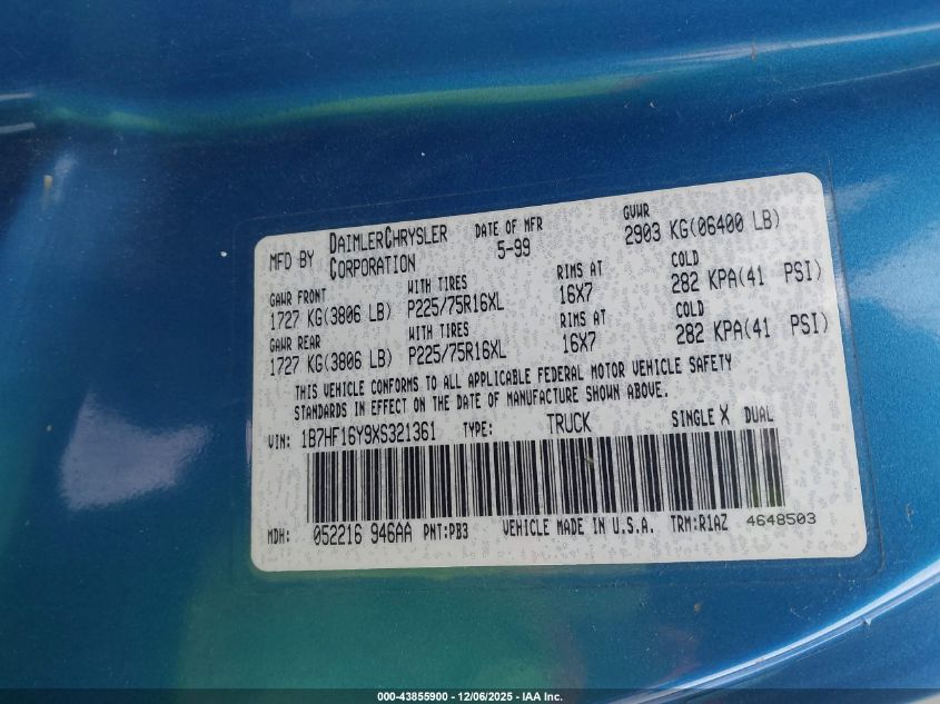 1999 Dodge Ram 1500 St VIN: 1B7HF16Y9XS321361 Lot: 43855900