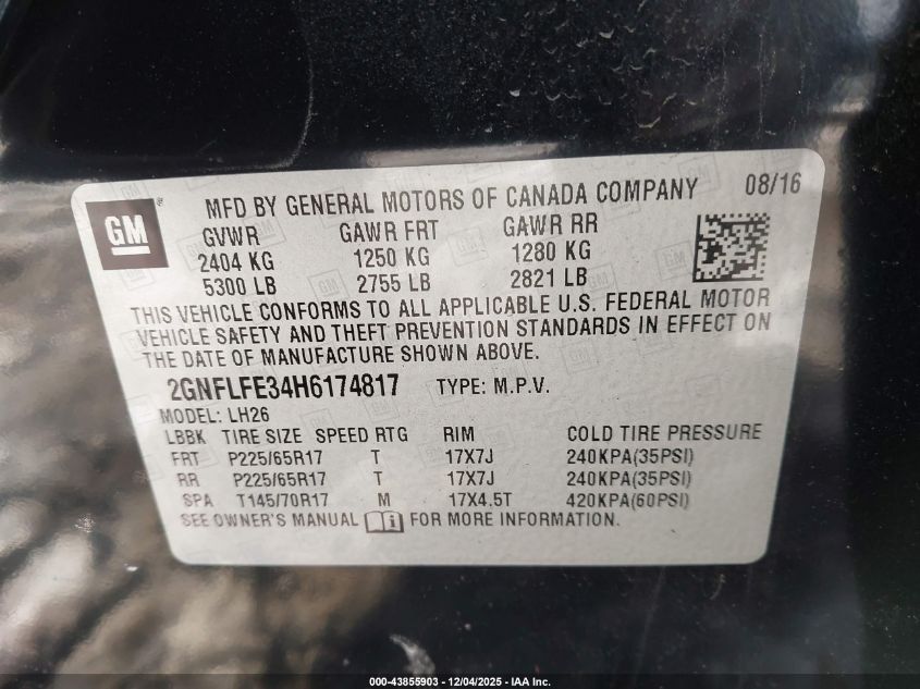 2017 Chevrolet Equinox Lt VIN: 2GNFLFE34H6174817 Lot: 43855903