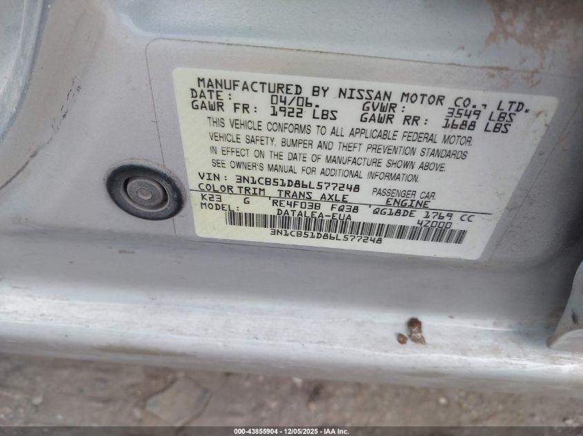2006 Nissan Sentra 1.8S VIN: 3N1CB51D86L577248 Lot: 43855904