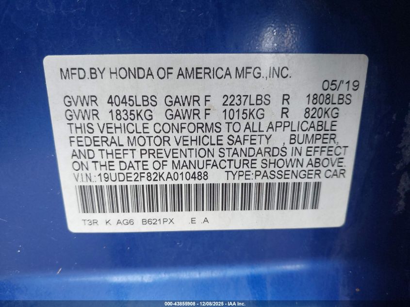 2019 Acura Ilx VIN: 19UDE2F82KA010488 Lot: 43855908