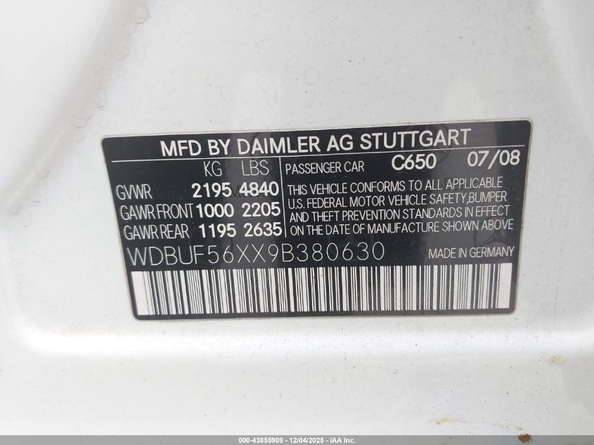 2009 Mercedes-Benz E 350 VIN: WDBUF56XX9B380630 Lot: 43855909