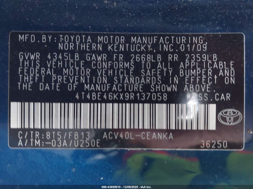 2009 Toyota Camry Le VIN: 4T4BE46KX9R137058 Lot: 43855910