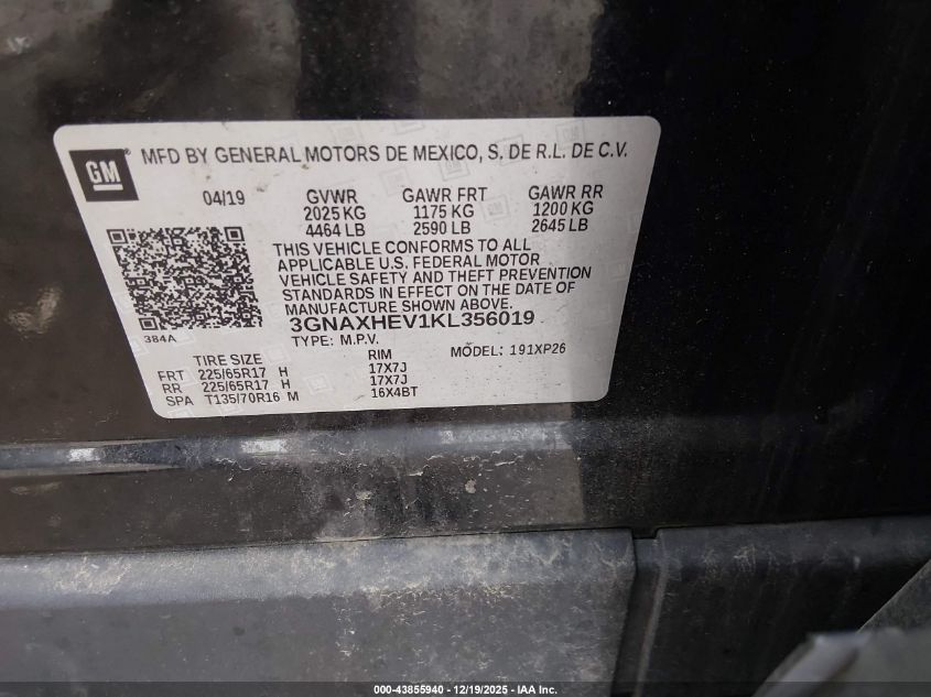 2019 Chevrolet Equinox Ls VIN: 3GNAXHEV1KL356019 Lot: 43855940