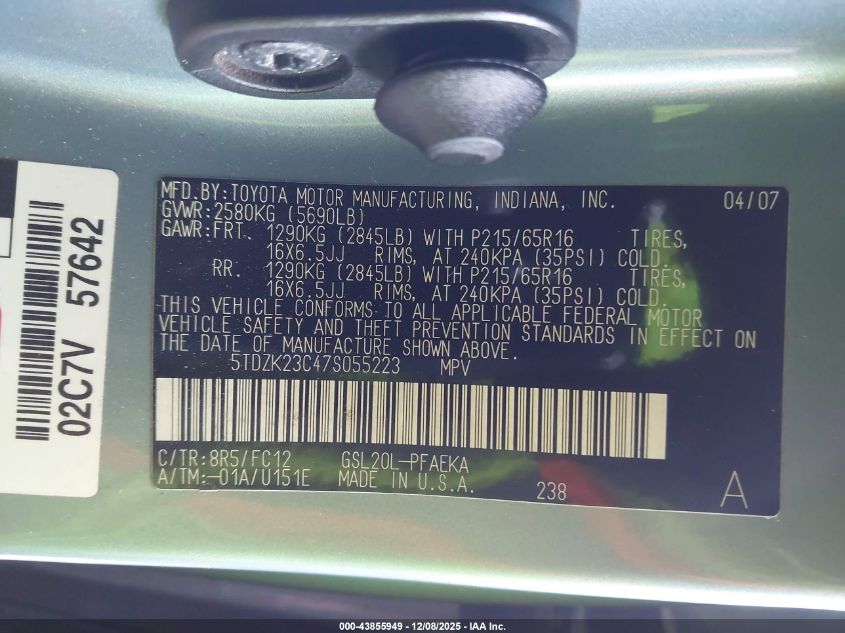 2007 Toyota Sienna Le VIN: 5TDZK23C47S055223 Lot: 43855949