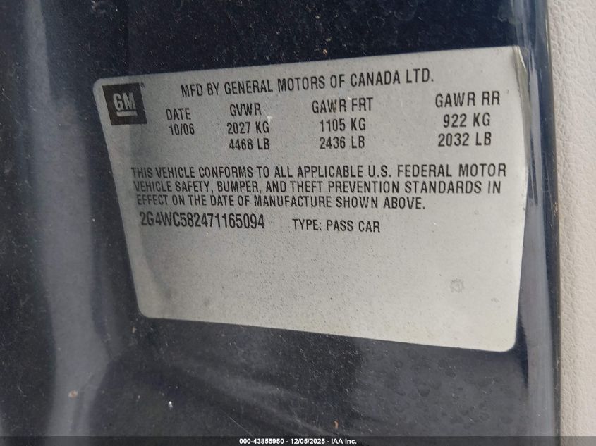 2007 Buick Lacrosse Cx VIN: 2G4WC582471165094 Lot: 43855950