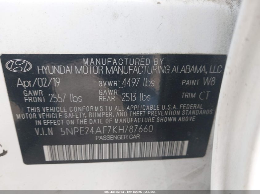 2019 Hyundai Sonata Se VIN: 5NPE24AF7KH787660 Lot: 43855954