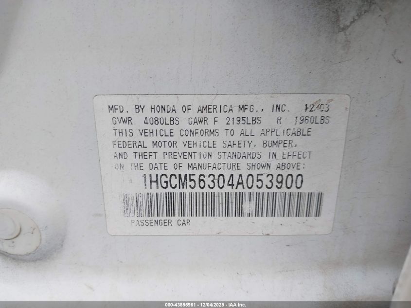 2004 Honda Accord 2.4 Lx VIN: 1HGCM56304A053900 Lot: 43855961