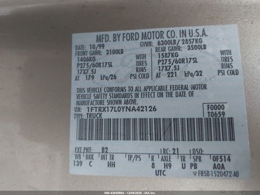 2000 Ford F-150 Lariat/Work Series/Xl/Xlt VIN: 1FTRX17L0YNA42126 Lot: 43855984
