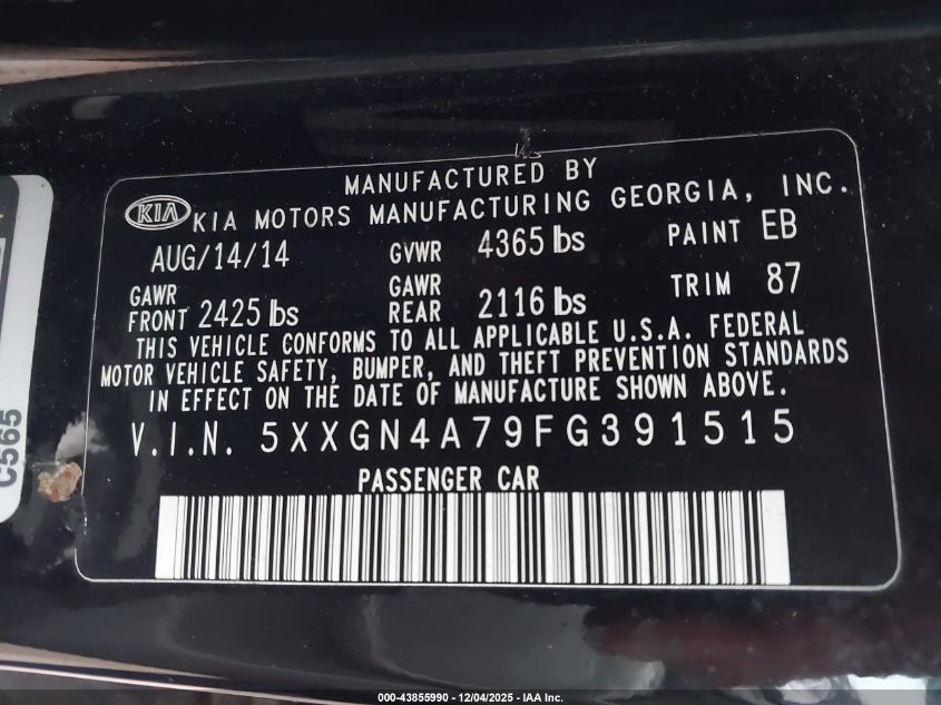 2015 Kia Optima Ex VIN: 5XXGN4A79FG391515 Lot: 43855990