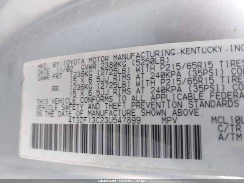 2003 Toyota Sienna Le VIN: 4T3ZF13C23U547899 Lot: 43855991