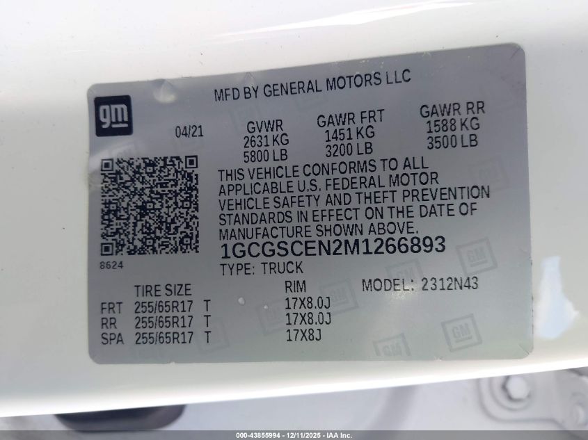 2021 Chevrolet Colorado 2Wd Short Box Lt VIN: 1GCGSCEN2M1266893 Lot: 43855994