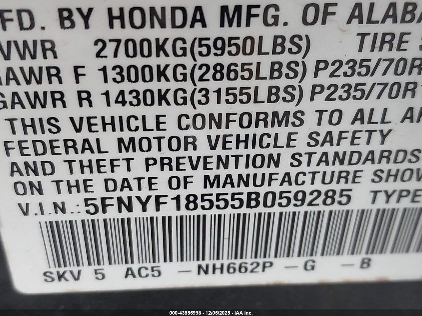 2005 Honda Pilot Ex-L VIN: 5FNYF18555B059285 Lot: 43855998